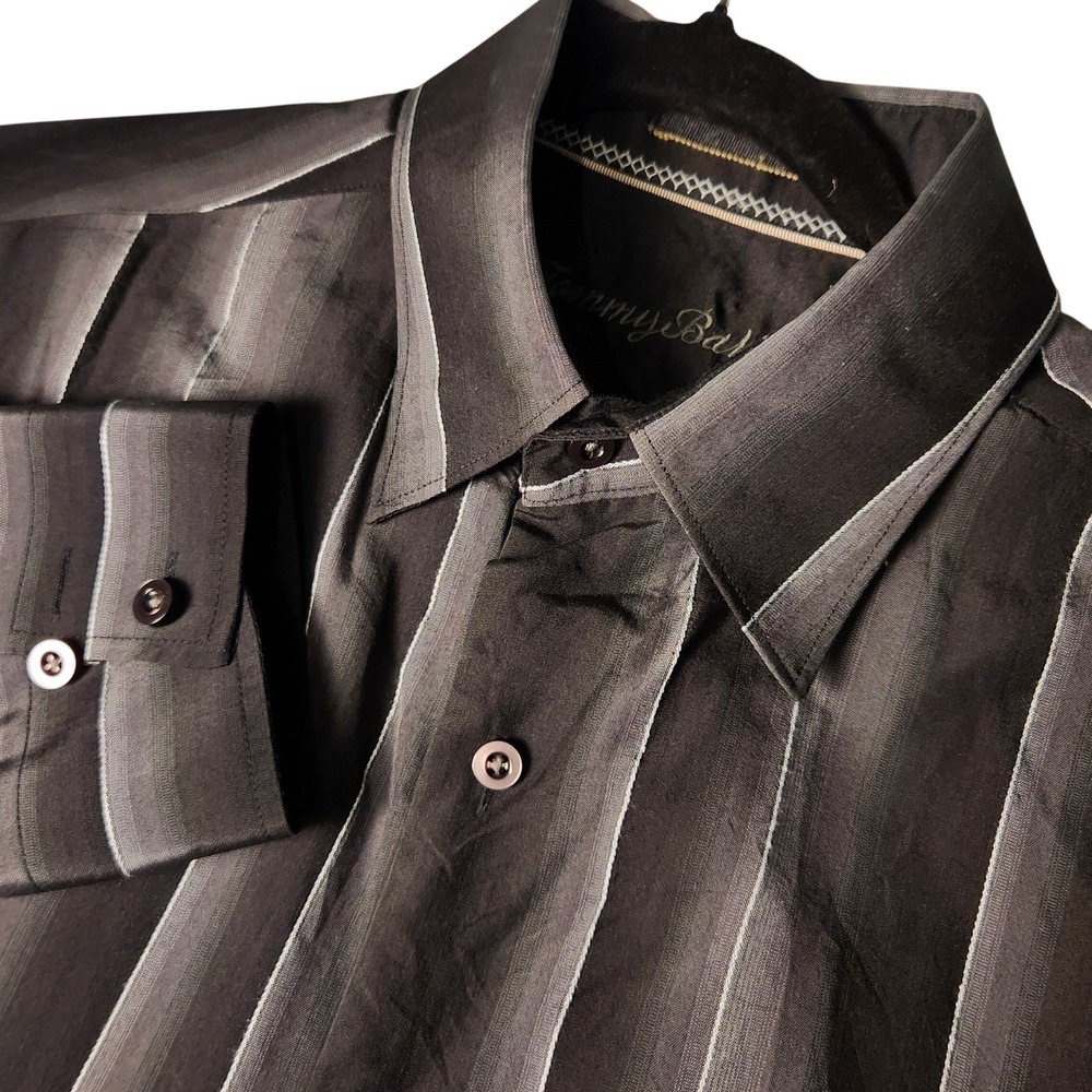 Tommy Bahama Shirt Mens M Black Grey Striped Silk Long Sleeve Palm Jacquard